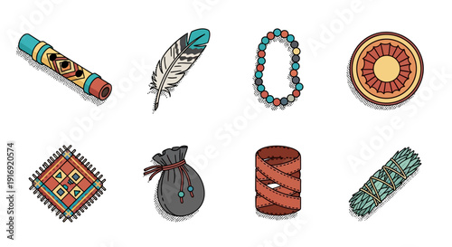 Colorful native american symbols set with feather and pottery elements