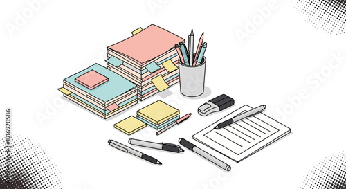 Organized office supplies: notebooks, pens, and sticky notes in minimalistic isometric design