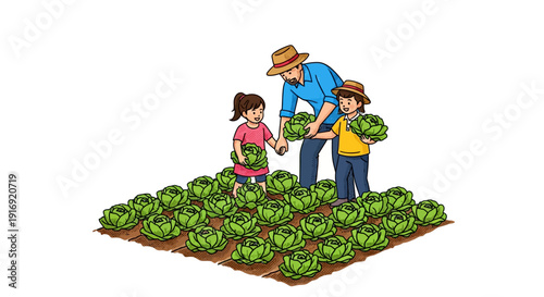 Family harvesting cabbage in the garden: father and children working together
