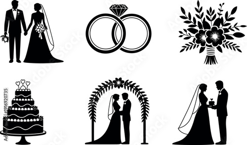 Wedding celebration bride groom cake rings floral bouquet wedding arch couple marriage