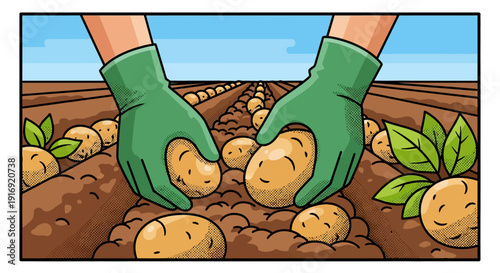 Harvesting potatoes: hands in green gloves collecting fresh produce in comic art style
