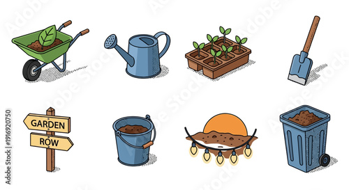 Garden tools and activities: flat icons for planting and cultivation