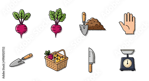 Gardening tools and vegetables: icon set for urban farming enthusiasts