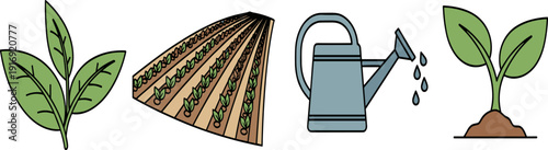 Agriculture and plant growth icons vector set, leafy plant, cultivated field, watering can, sprouting seedling, farming illustration, gardening, nature design