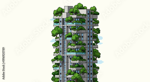 Modern eco-friendly urban skyscraper with vertical garden and lush greenery