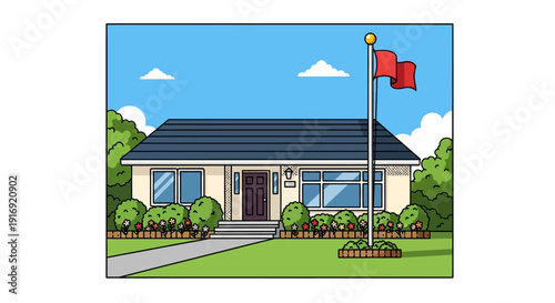 Suburban house with garden and flag in vibrant cartoon style