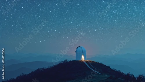 Mountain Observatory Dome On Remote Ridge Under Stellar Sky. Astronomical Survey, Telescope Research.