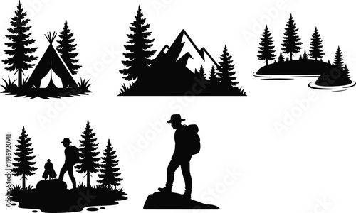 Camping silhouette, mountain landscape, hiking adventure, outdoor nature scene, wilderness exploration, pine forest, island illustration, backpacker art, scenic vector, black design
