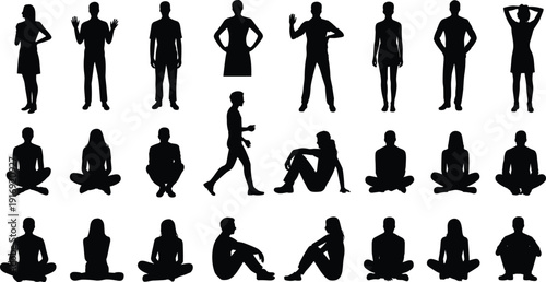 Black human silhouettes collection, standing sitting walking poses, diverse body postures, gesture recognition, anatomy design, vector illustration, stock art