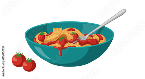 Delicious pasta bowl with tomato sauce and fresh tomatoes on white background