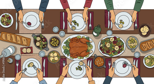 Festive family dinner: top view of a bountiful holiday feast with turkey and side dishes