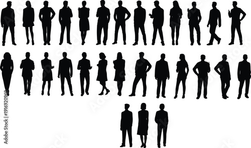 Black silhouettes of diverse people standing poses, male female figures, posture variation, demographic illustration, vector design, stock art collection