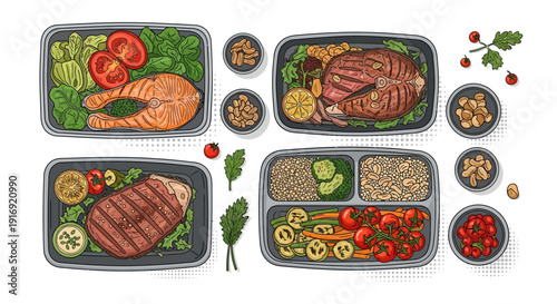 Colorful meal prep with fish and meat containers featuring fresh vegetables and nuts