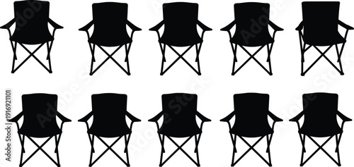 Camping chair silhouette, folding outdoor seat, collapsible furniture vector, portable seating illustration, picnic equipment design, camping gear icon, leisure activity