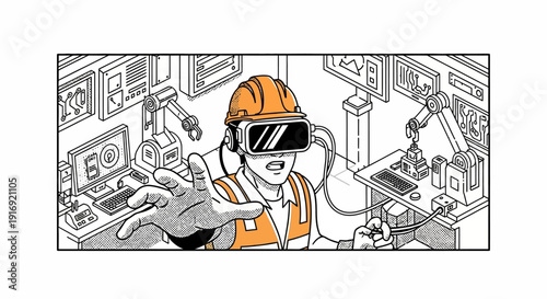 Engineer using virtual reality for robotics and automation in an isometric lab setting