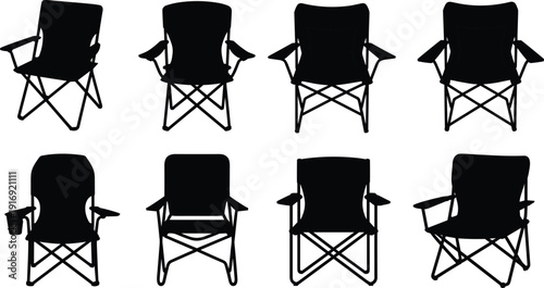 Camping chair silhouettes, folding chairs, outdoor seating, portable furniture, vector illustration, black silhouettes, design elements, picnic icons, travel gear, leisure