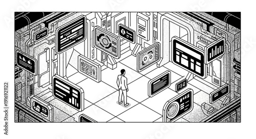 Futuristic control room with digital interfaces and data screens in black and white isometric design