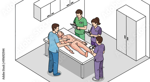 Medical team performing examination in hospital room isometric design