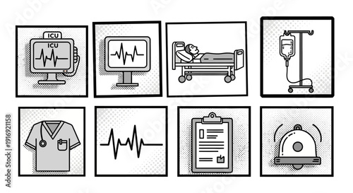 Medical icons in retro comic style featuring icu, heartbeat, hospital bed, and nursing elements