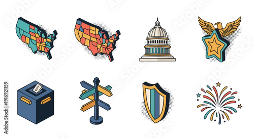 Colorful political icons: usa elections and symbols in halftone style