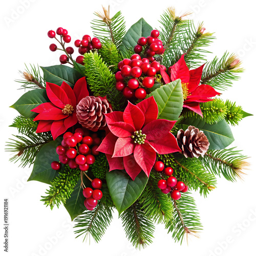 Festive bouquet with poinsettias, pine branches and red berries, holiday style, Isolated On White Background.png