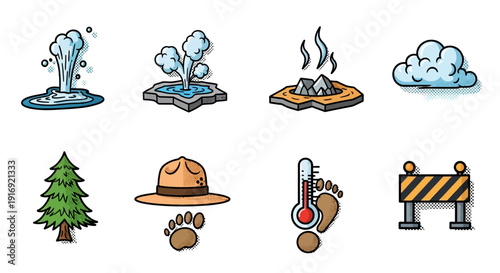 Nature and adventure icons: geysers, clouds, trees, and hiking elements in pop art style
