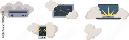 Broken electronic devices set with cracked screen laptop, tablet, and smartphone emitting smoke, cad drawing flat vector illustration, tech repair and damage.