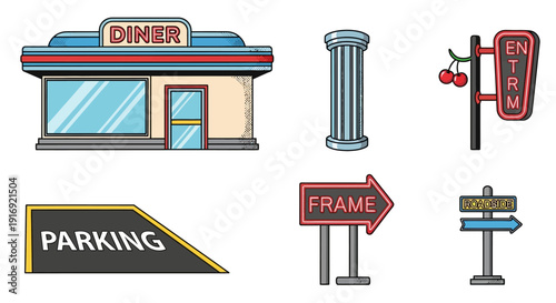 Retro diner and signage collection with vintage roadside icons