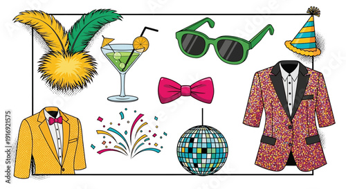 Retro party elements: colorful attire, accessories, and celebration icons