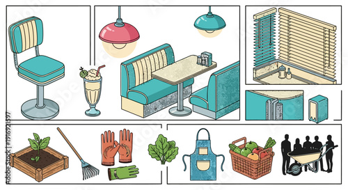 Retro diner and gardening elements with modern touch and healthy lifestyle vibes