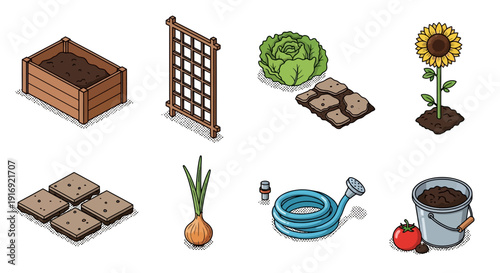 Isometric garden equipment and plants set with raised beds and tools