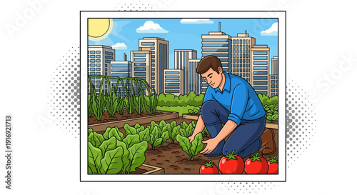 Urban gardening: man tending vegetables on rooftop with city skyline background