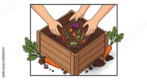 Hands planting vegetables in garden box with fresh produce in a comic style