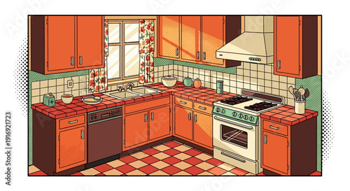 Retro mid-century kitchen interior with orange cabinets and checkered tiles in pop art style