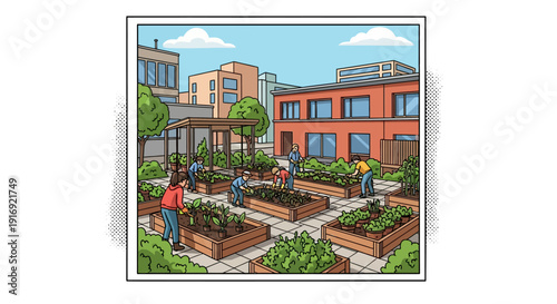 Urban community garden with people planting in raised beds under a sunny sky