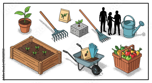 Isometric urban gardening essentials with tools and plants