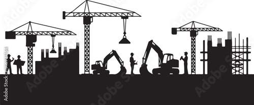 Black and white construction site with cranes and workers 1