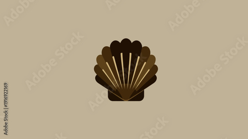 A stylized seashell illustration in brown and beige tones, centered on a neutral background