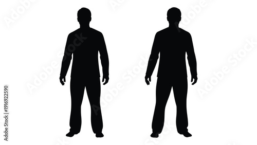 Two identical black silhouettes of men standing facing forward against a white background