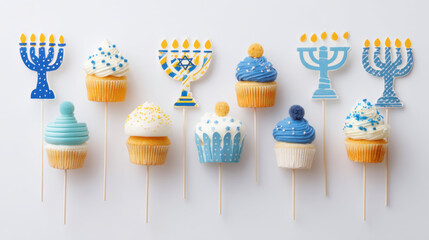Hanukkah Cupcake Toppers Set with Blue Menorah and Festive Decorations Isolated on White Background for Jewish Holiday Celebration Design