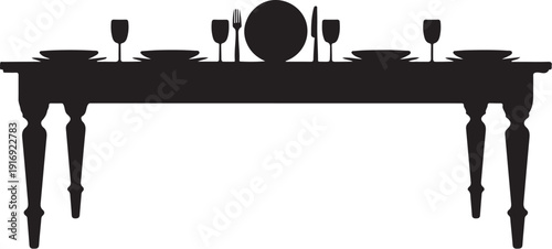 Black Silhouette of a Table with Plates Glasses and Cutlery