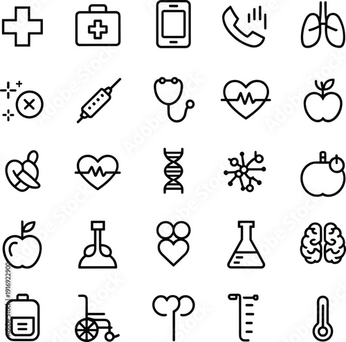 healthcare, medical, icons, line, vector, hospital, heart, stethoscope, syringe, dna, brain, lungs, treatment, diagnosis, wellness, medicine, clinic, anatomy, collection, set