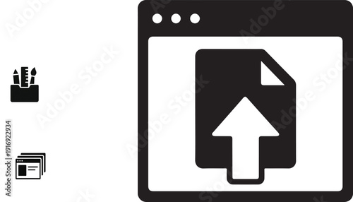 Resource upload interface icon with upward arrow and file minimal silhouette transfer symbol.