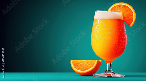 A glass of Blue Moon beer w...