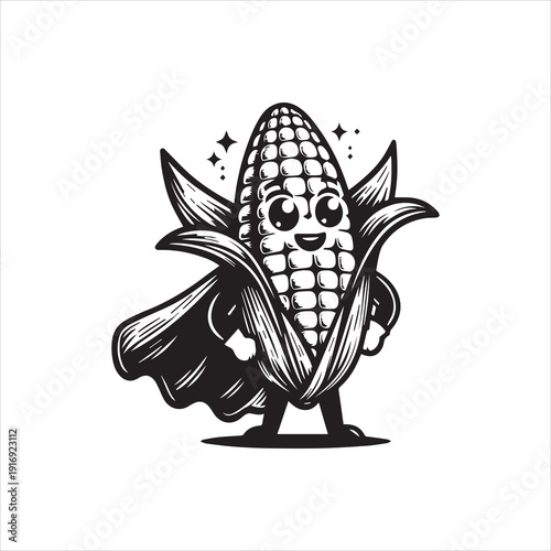 A cheerful cartoon corn illustration with a smiling face and sparkles, standing with its leafy husk against a clean white background in a vector design.