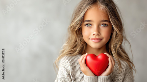 A little girl holding a red...
