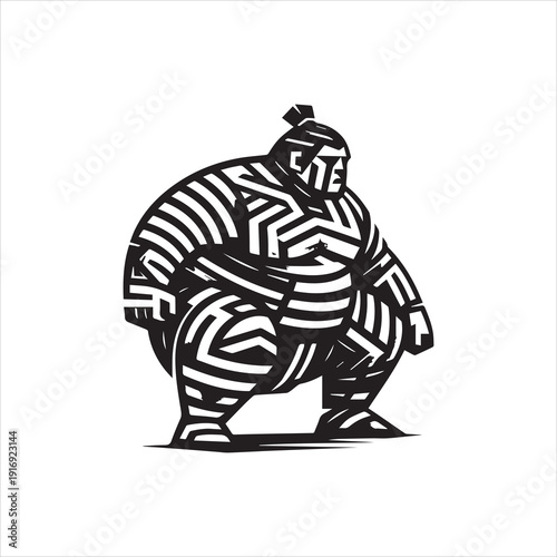 A black and white vector illustration of a sumo wrestler in a dynamic pose, with a bold striped pattern and a strong, focused expression, set against a clean white background with a graphic