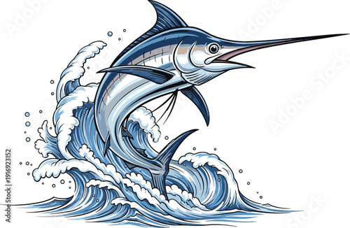 Blue marlin jumping out of ocean waves illustration