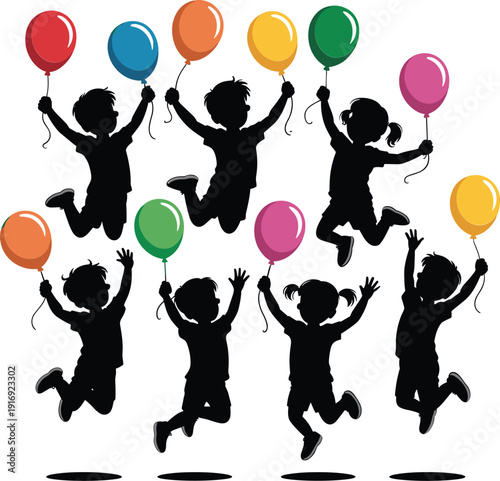 Children jumping with colorful balloons in joyful celebration