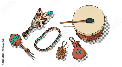 Hand drawn tribal instruments and artifacts with vibrant colors and patterns